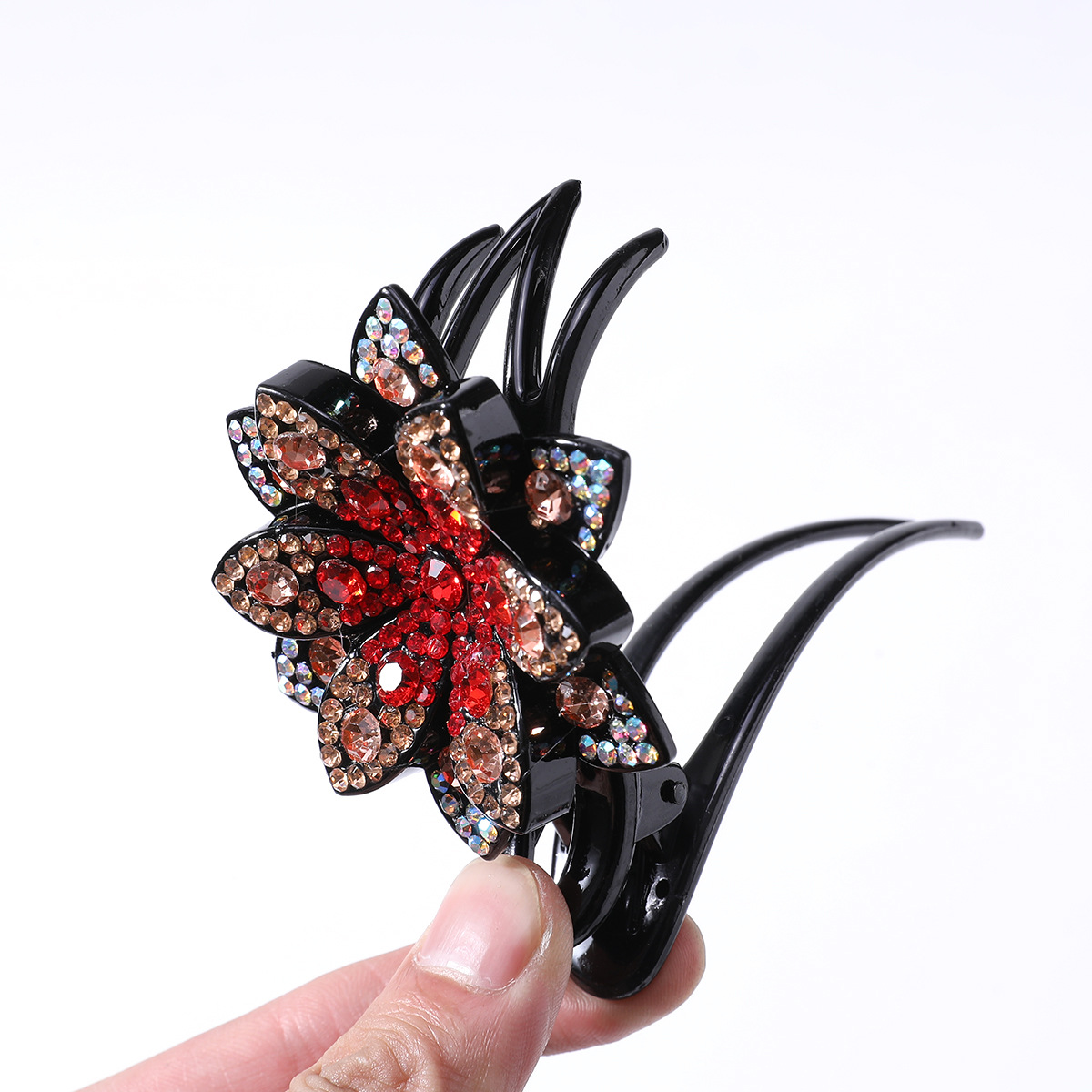 新款歐美時尚花朵髮夾抓夾高檔氣質水鑽鯊魚夾後腦勺盤發發抓頭飾