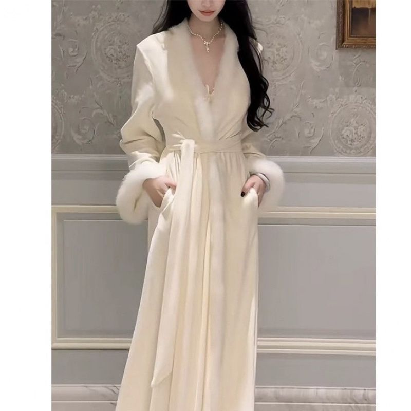 (2개) 여성을 위한 새로운 가을과 겨울 나이트가운 프랑스 스타일 고급 레이스 모피 기질 슬림 목욕가운 가정복