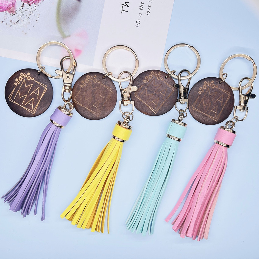 15g Weight Keychain Classification 1 Piece Quantity Daily Occasion PU, Wood Material Mother'S Day Festival MAMA, Letter Pattern Women's Gender Tassel Design Romantic Style Romantic MAMA Letter PU Wood Tassel Mother'S Day Women's Keychain 3