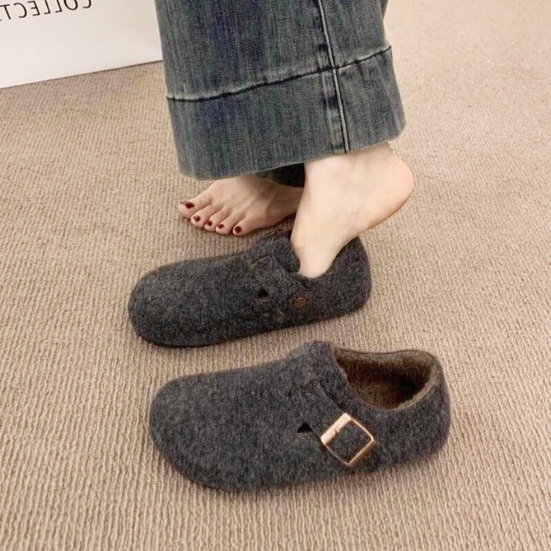 2025 New Autum Style French Retro Outer Wear Round-Toe Felt Fleece-Lined Birkenstock Shoes for Women, One-Legged Warm Cotton Scoop Shoes