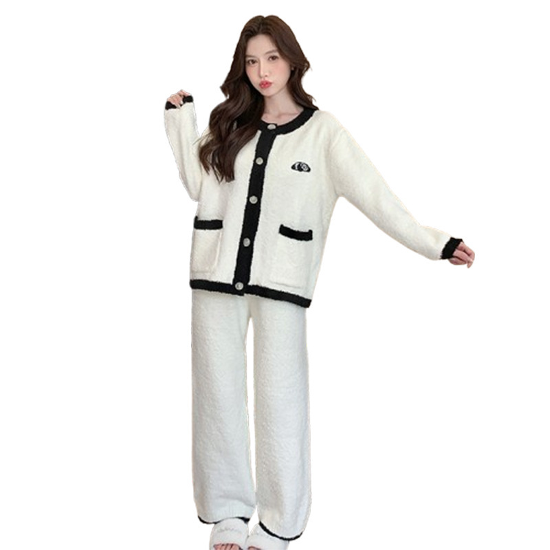 新款半边绒睡衣女秋冬甜美少女家居服加厚保暖开衫睡衣套装可外穿|undefined