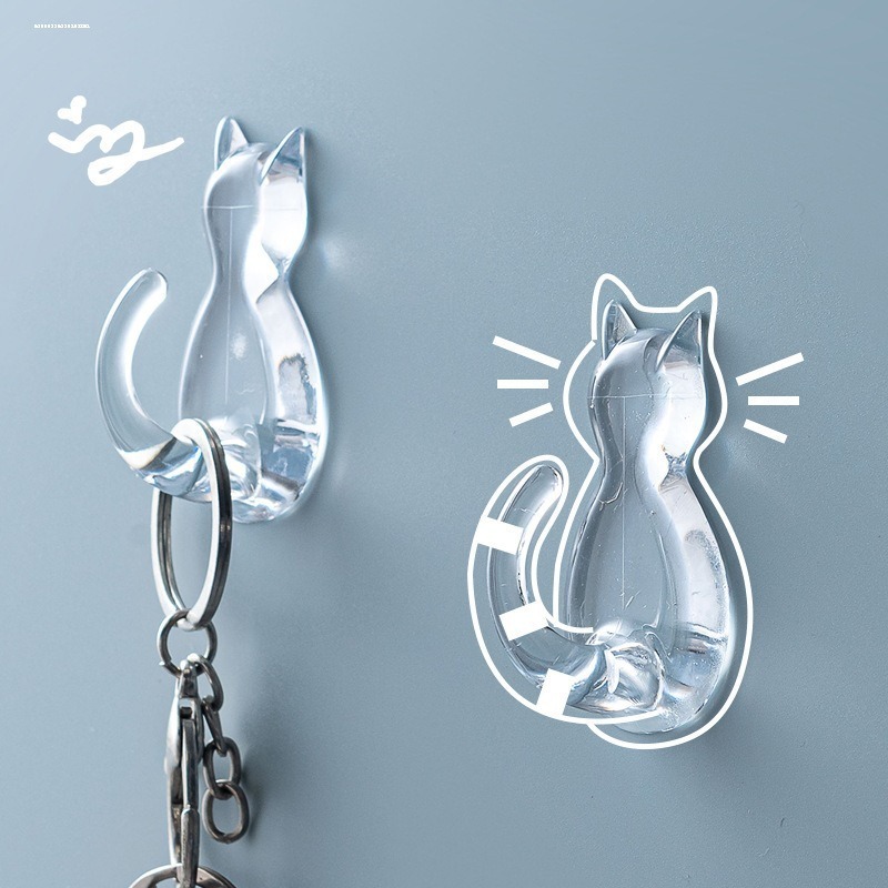 Cat Hook for Kitchen, Strong Transparent Cute Cat Adhesive Hook for Wall or Door, Coat and Hat Hook, Traceless and No Drilling Required