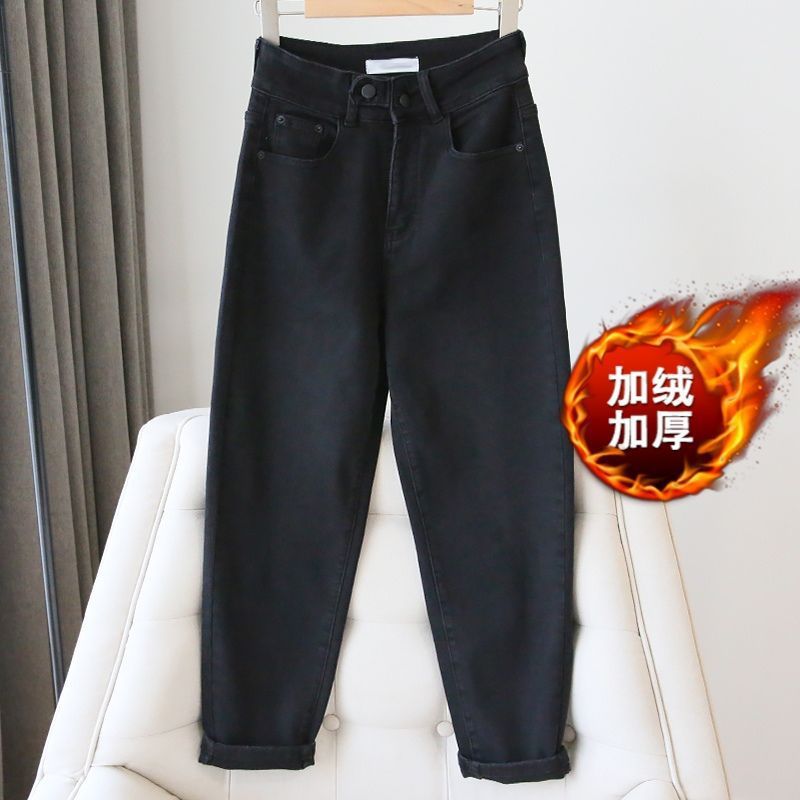 冬季加绒加厚黑色哈伦牛仔裤女新款高腰显瘦梨形弹力老爹大码女裤