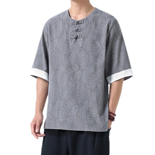 Summer Chinese-style patterned shirt for men, large size Tang suit Hanfu, five-pointed sleeve collared shirt, half-sleeve printed round collar shirt