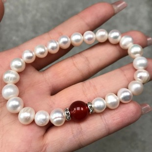 Natural 8-9mm Freshwater Pearl Near Round Strong Light Flaw Threaded Red Agate Handmade DIY Finished Bracelet Bracelet