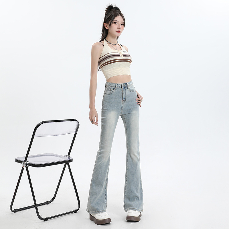 Light-Colored Retro Flared Jeans for Women, 2025 Winter New Style, Petite High-Waisted Stretchy Bootcut Pants