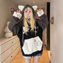 日系刺绣小猫原创连帽卫衣女可爱软妹可爱撞色宽松开衫外套上衣潮