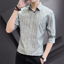 夏季衬衫男短袖韩版修身条纹衬衣中袖潮流帅气百搭休闲七分袖寸衫