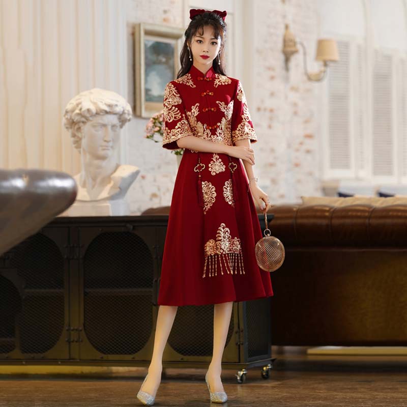 Vestido de novia para brindis 2026, nuevo vestido de verano para compromiso y fiesta de graduación, vestido rojo vino estilo chino para brindis de boda para mujer.