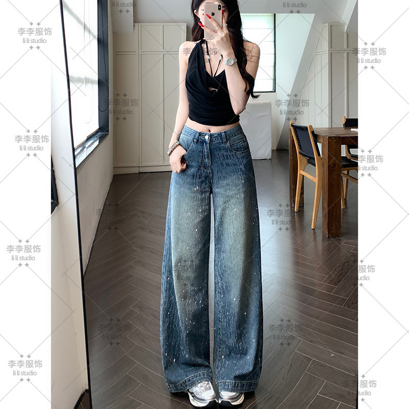 流星雨重工烫钻阔腿牛仔裤女2025秋季新款高腰宽松显瘦高级感长裤|undefined