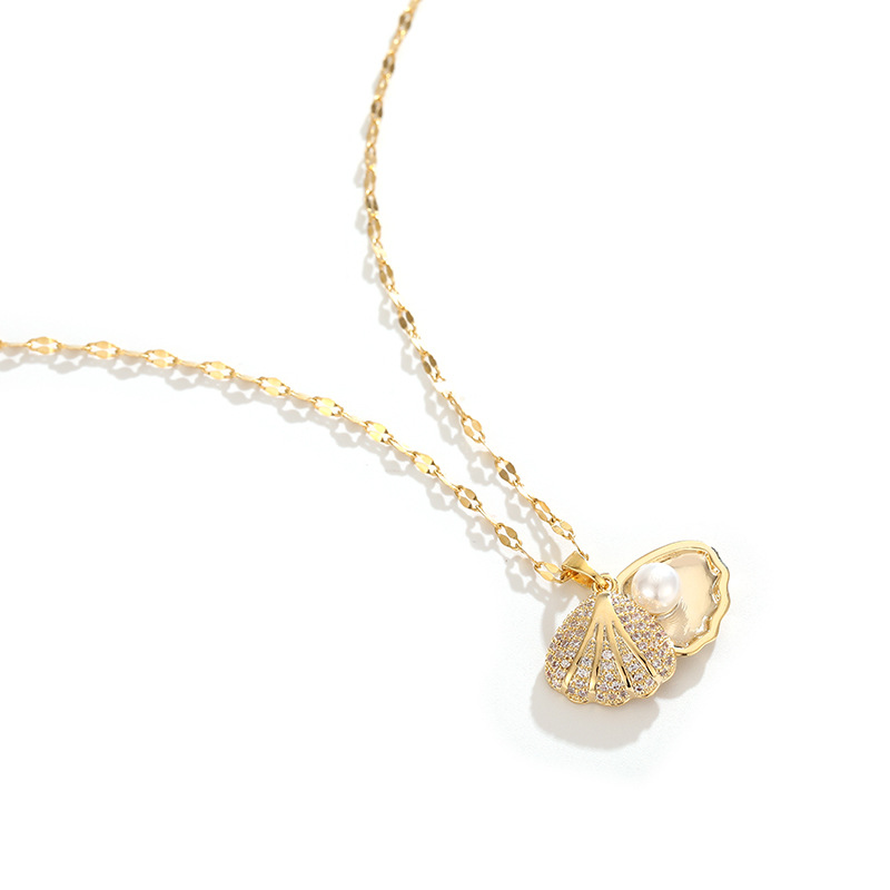 Hochwertige Perlenkette mit Jakobsmuschel-Muschel für Damen, einfache Schlüsselbeinkette, leichter Luxus, vielseitiger und personalisierter Anhängerschmuck_voghion.com