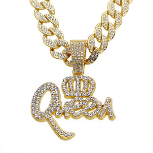 European and American Hot Hip Hop Zinc Alloy Crown QUEEN Letter Full Diamond Pendant Temperament Personality Necklace Jewelry Wholesale