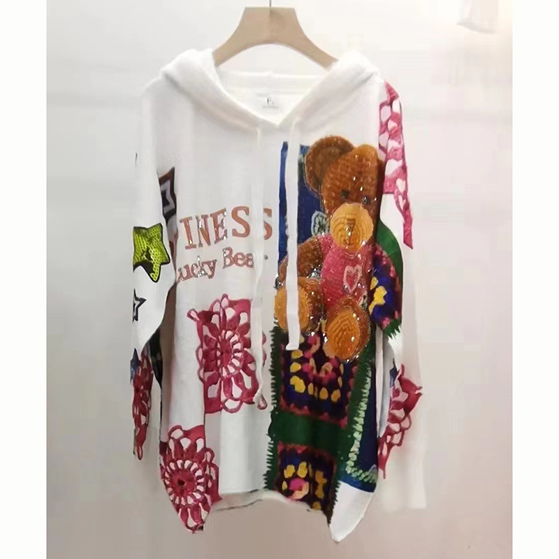 2023 nuevo Otoño e Invierno suéter de terciopelo de visón de imitación de manga larga bordado oso rhinestone forrado de lana más tamaño cálido Americano Superior