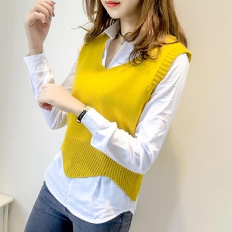 Daifa New plus size Spring and Autumn New Women's Lapel Solid Color Knitted Vest Slim-fit Knitted Sweater Women's Fashion