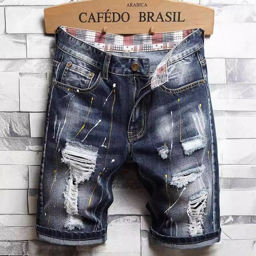 Japanese retro distressed casual brand ripped jeans shorts men's five-inch mid-length pants vagabond loose straight tube trend pants 