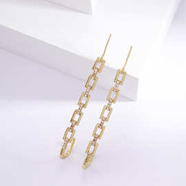 金色链条镶钻耳钩 轻奢小众设计感耳饰 时尚气质长款耳环配饰