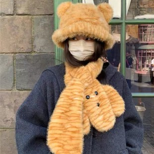Winter plush hat cute bear ears plush fisherman hat children's neck cold warm cartoon scarf