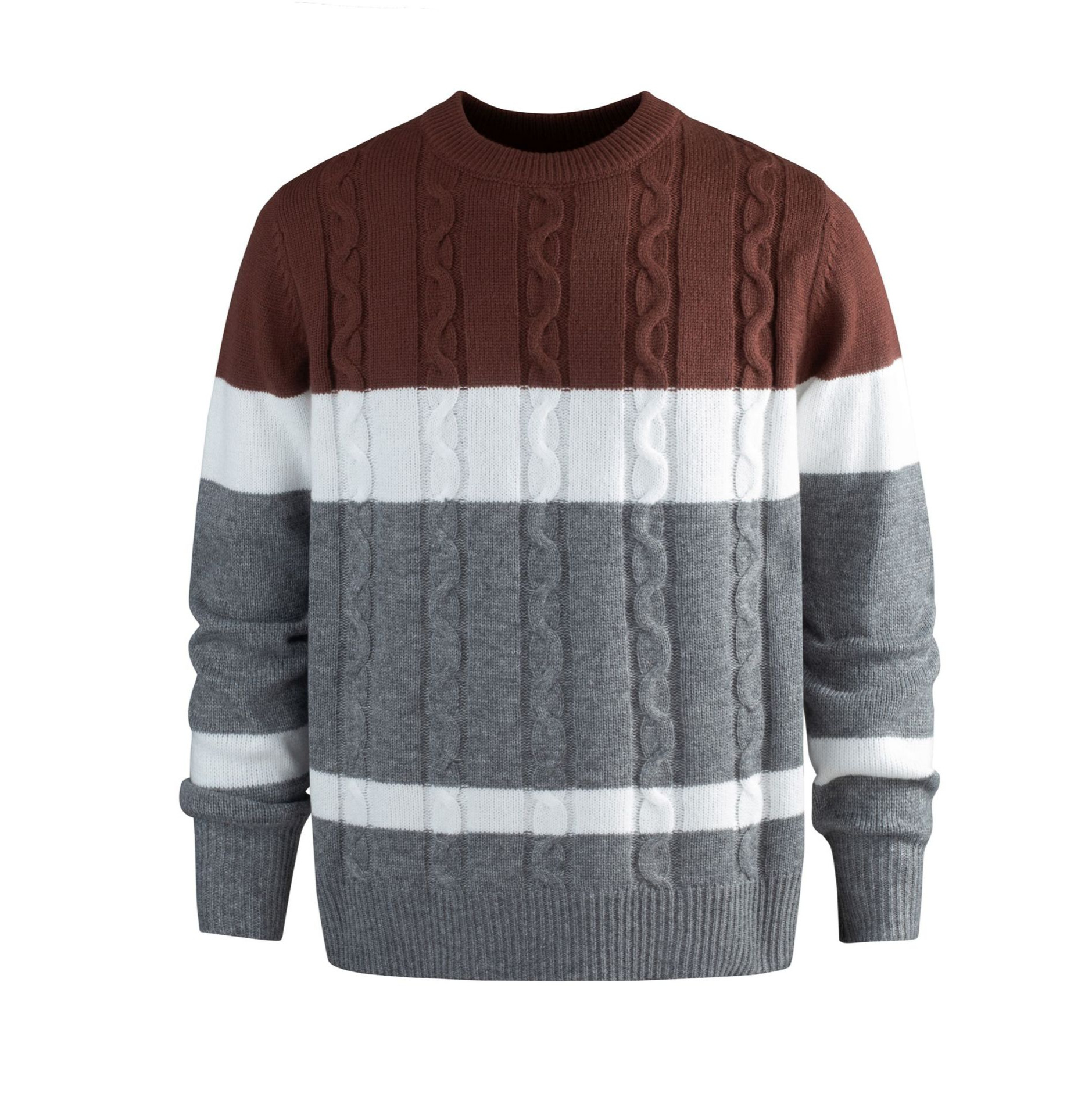 Herren-Strickpullover mit Farbblock-Design, Retro-Zopfmuster, langärmelig, Rundhalsausschnitt, für warmes Freizeitoutfit im Herbst und Winter_voghion.com