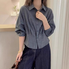 大码胖mm韩系格子长袖衬衫女装早秋2025新款收腰显瘦小衫上衣