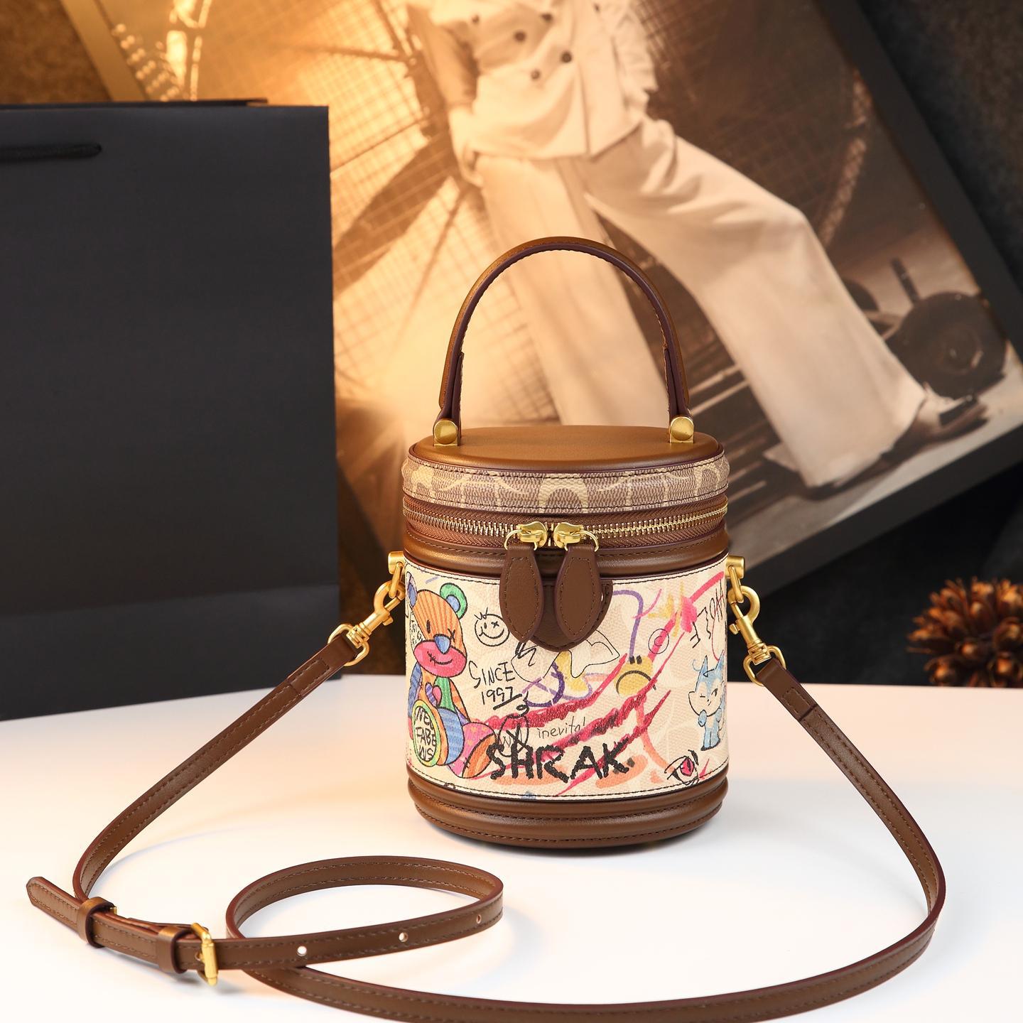 Túi bucket nữ hình trụ họa tiết gấu vẽ tay, đeo chéo kiểu mới — màu trắng ngà, Cà phê Brown, màu sắc
