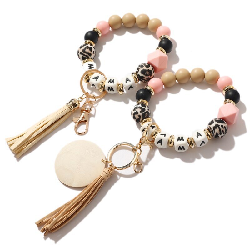 New Silicone Beads Wrist Strap Keychain Leopard Beads Tassel Bracelet Silicone English Letter Bracelet Keychain