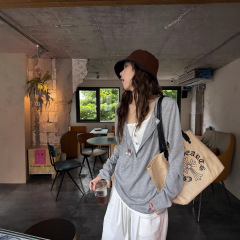 荒荒家 假两件长袖T2025夏季新款小众宽松慵懒休闲设计薄款上衣女