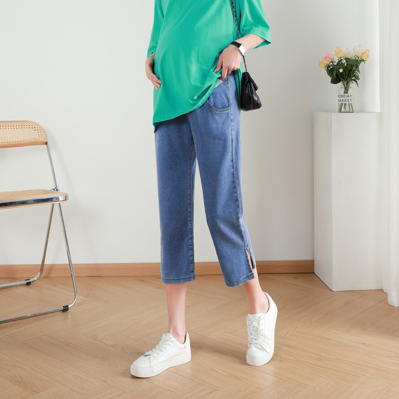 New Wide-leg Pregnant Women's Tencel Jeans Summer Cropped Pants Plus-sized Thin High Waist plus size Summer