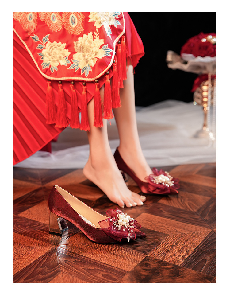 6222A-008 Chunky Heel Pointed Toe Satin Appliqué High Heels For Banquet Wedding Bridesmaid Shoes Comfortable Versatile_voghion.com