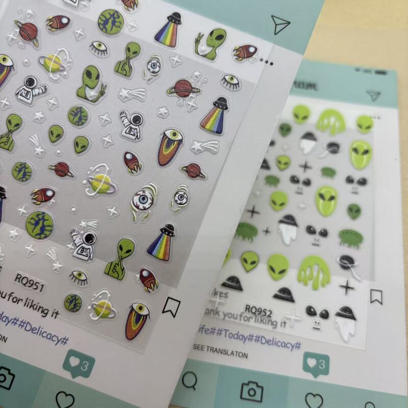 Quirky Spaceship Alien Et Embossed Nail Art Stickers Harajuku Celestial Beings Astronaut Creative Journaling Materials
