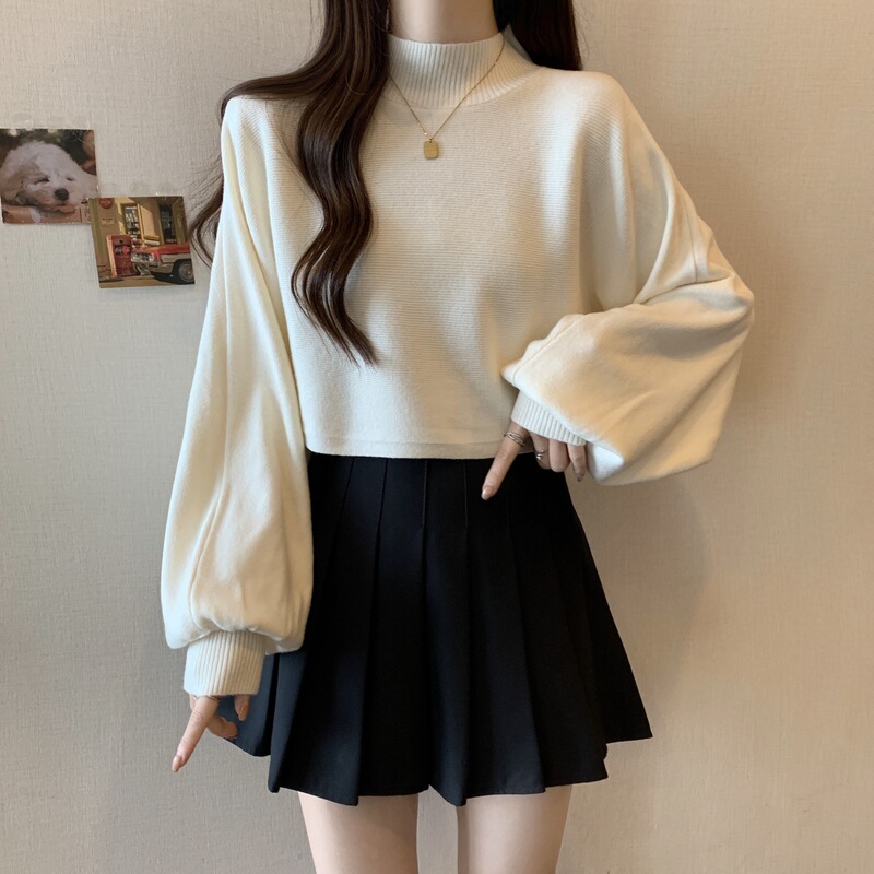 Half Turtleneck Long-Sleeved Knitted Bottoming Shirt for Women in Autumn and Winter Plus Size Fat Lantern Sleeve Sweater with Loose Short Top Half Turtleneck Long-Sleeved Knitted Bottoming Shirt for Women in Autumn and Winter Plus Size Fat Lantern Sleeve Sweater with Loose Short Top