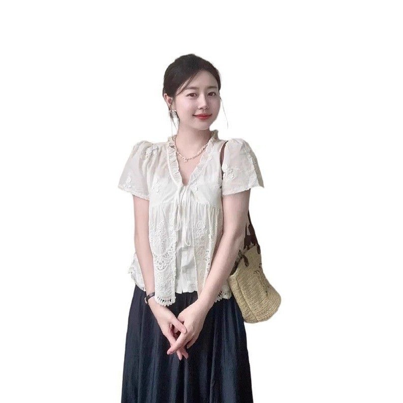 法式白色V领镂空短袖花边领衬衫女夏刺绣蕾丝小衫小个子大码上衣|undefined
