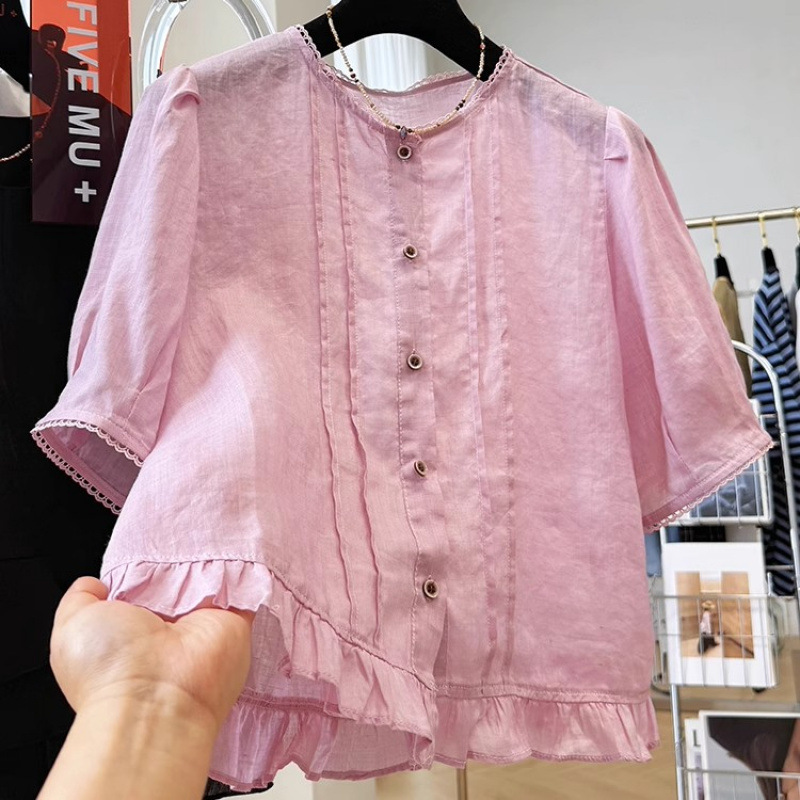 フレンチリネンラウンドネック半袖シャツ女性用夏薄いニッチ多用途ルーズコットンとリネンシャツトップ|undefined