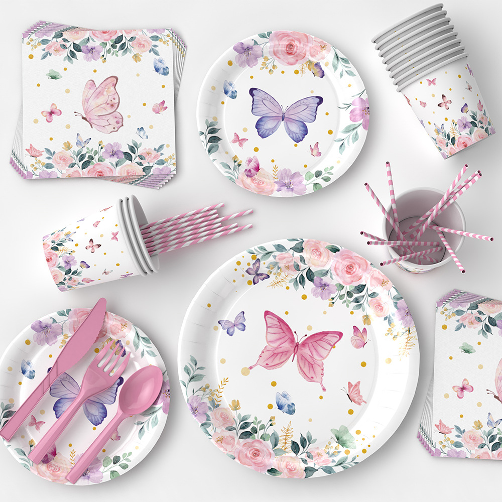 Nueva Flor de mariposa tema decoración del partido suministros fiesta de té Placa de papel desechable globo de tejido decoración traje
