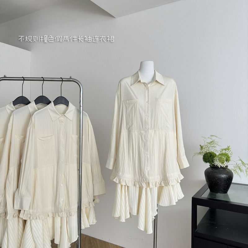 Special Champagne Designer Asymmetrical Contrasting Fake Two-Piece Long-Sleeved Dress for Women New Autumn