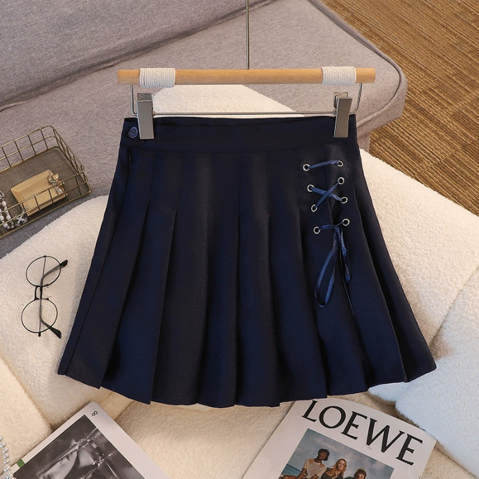 Summer pleated skirt, belt, protective underware, Korean style, high waist, A-line