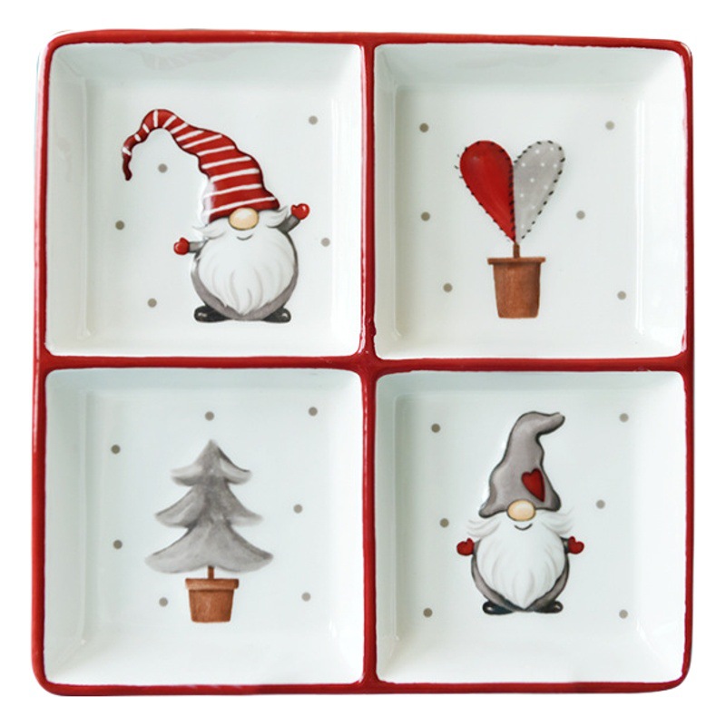 País nórdico Navidad muñeco de nieve placa de cerámica vajilla para el hogar Placa de cuatro rejillas en relieve de estilo occidental Placa de rejilla plato de aperitivos