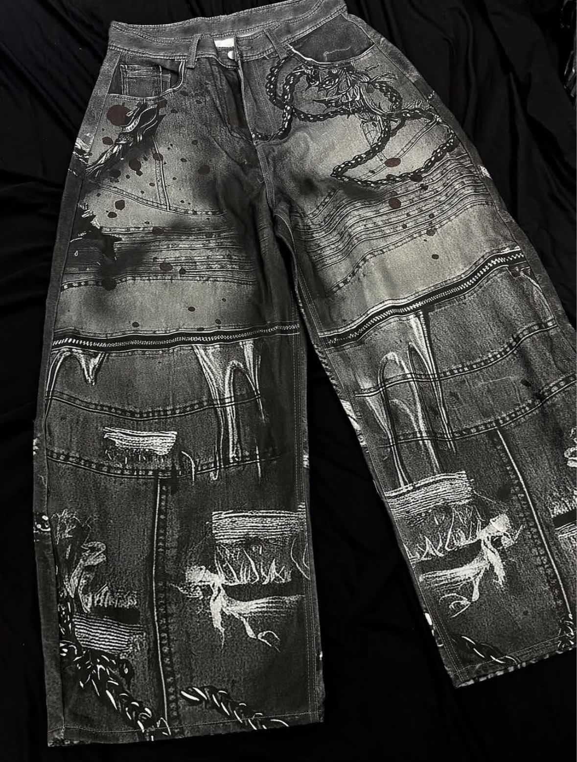 Transfronterizos estadounidenses vintage impresión jeans nuevos estilos de tinta de alta calle viento de desechos de tierra hacer viejos pantalones de piernas relajados