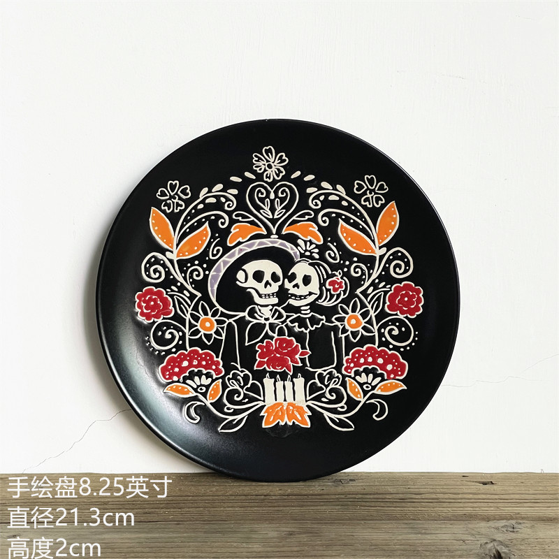 ヨーロッパ式円形大皿陶磁器手描き釉薬下果物クリエイティブケーキ皿家庭用料理皿円形ステーキ皿皿皿|undefined