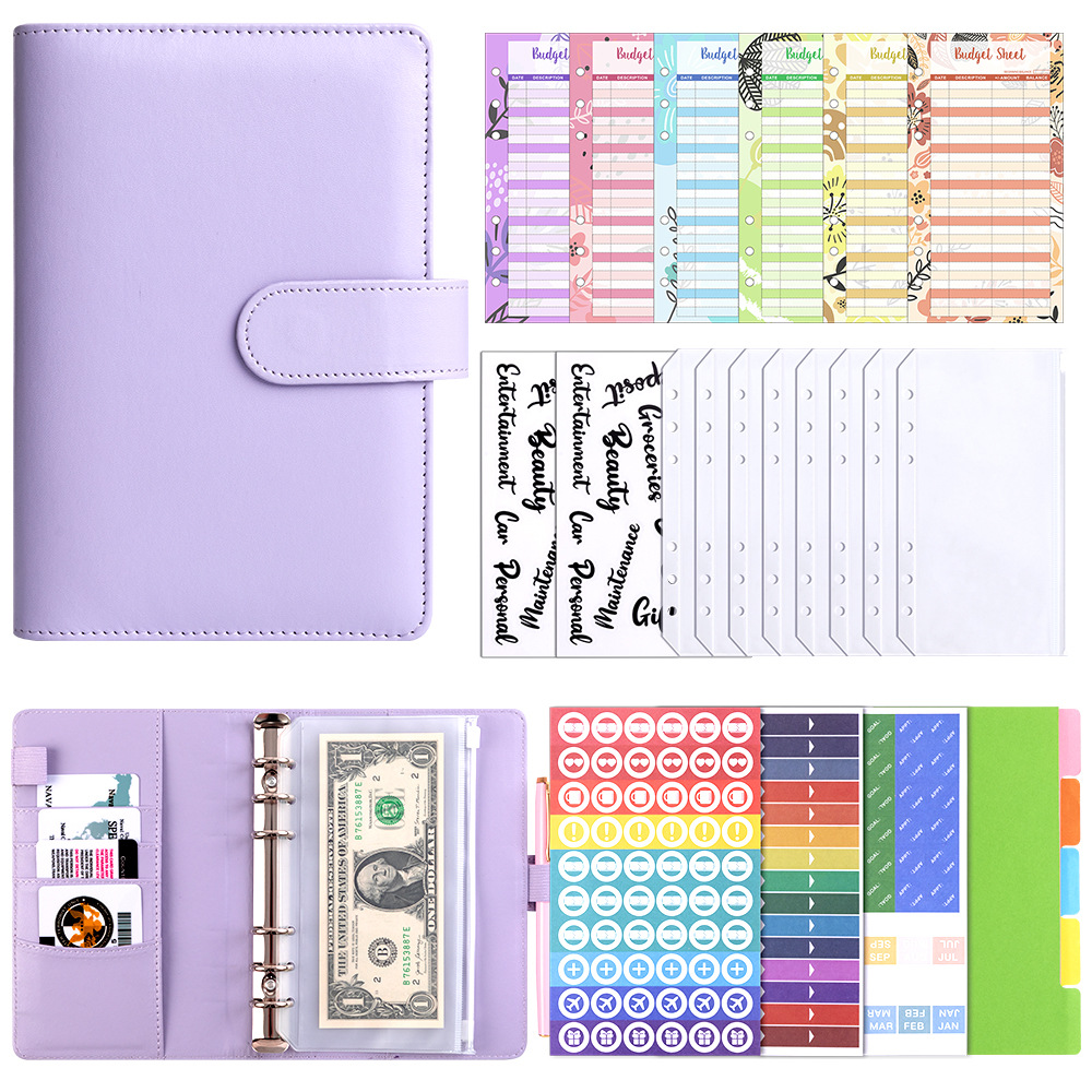 Presupuesto transfronterizo Cash Clip de hojas sueltas Bolsa con cremallera Sobres Libro de cuentas A6 Macarons PU Cuaderno de hojas sueltas de cuero