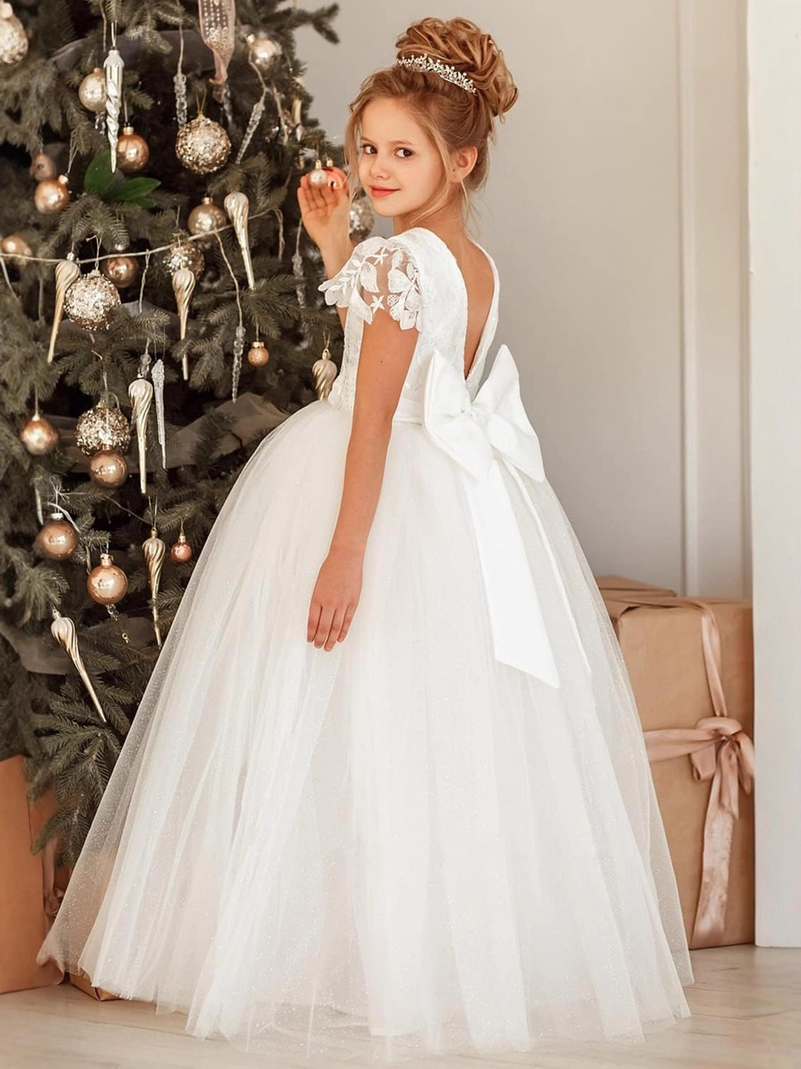 Nuevo vestido de novia para niños transfronterizos europeos y americanos encaje de niñas simple rendimiento cumpleaños Navidad mullido vestido de princesa