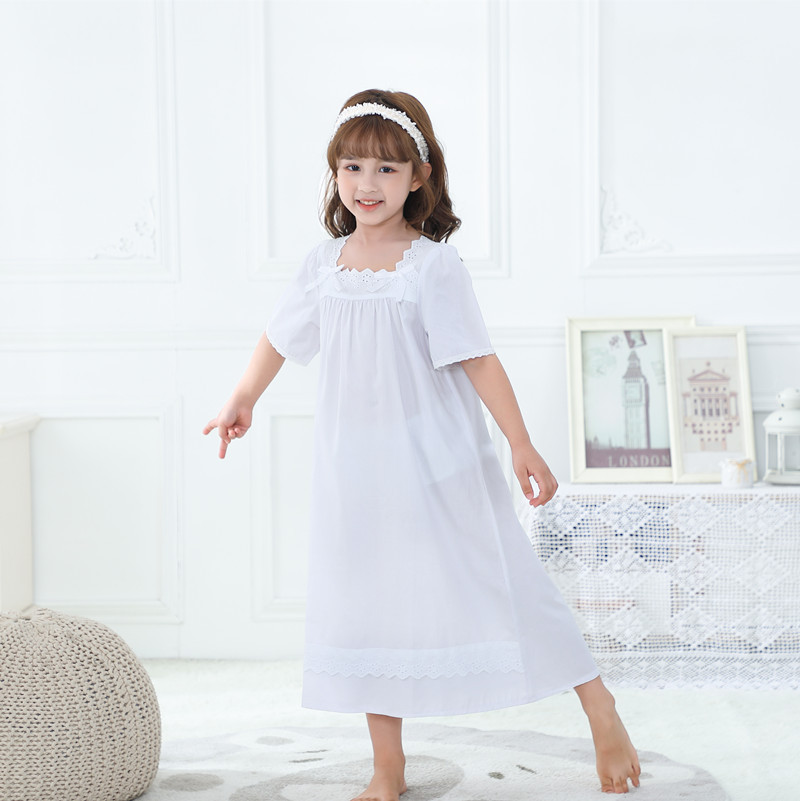 New girls' short-sleeved woven cotton nightgown, long style, European and American style, loose and comfortable pajamas and loungewear, wholesale from the manufacturer.