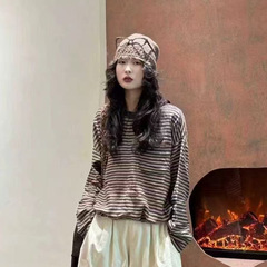 2025秋韩版宽松减龄撞色条纹双纱圆领套头T恤百搭休闲上衣女57573