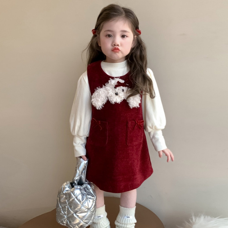 女童卡通小狗加绒背心连衣裙套装洋气秋冬款裙子冬装儿童两件潮
