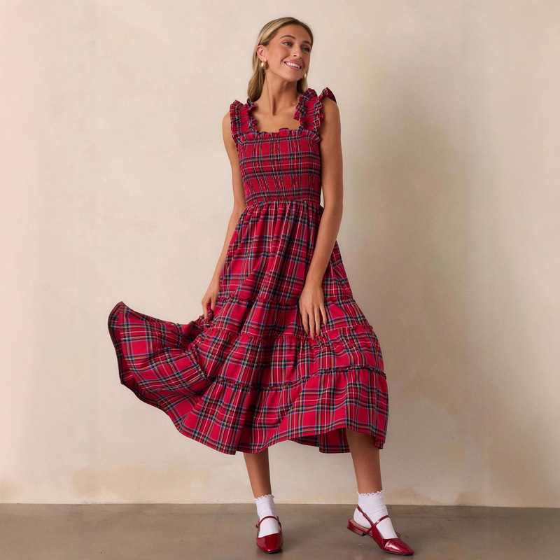 Cross-Border European and American 2025 New Amazon Christmas Plaid Women's Ruffle Strap Sleeveless Casual Ruched Flared Dress