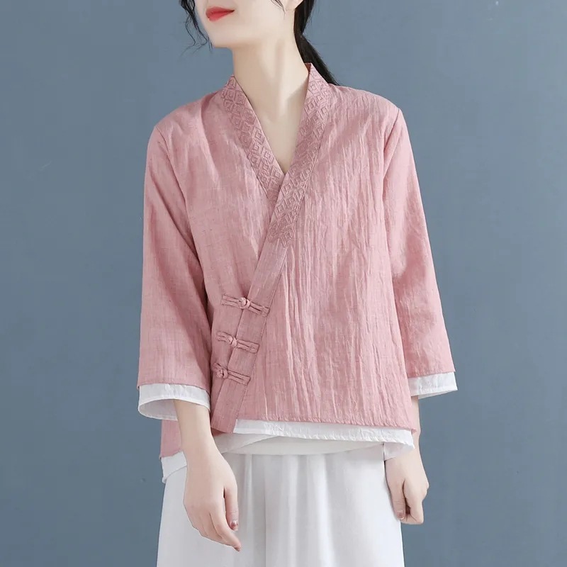 2025春夏季民族风精致刺绣斜襟盘扣系带衬衫女宽松拼接七分袖上衣|undefined