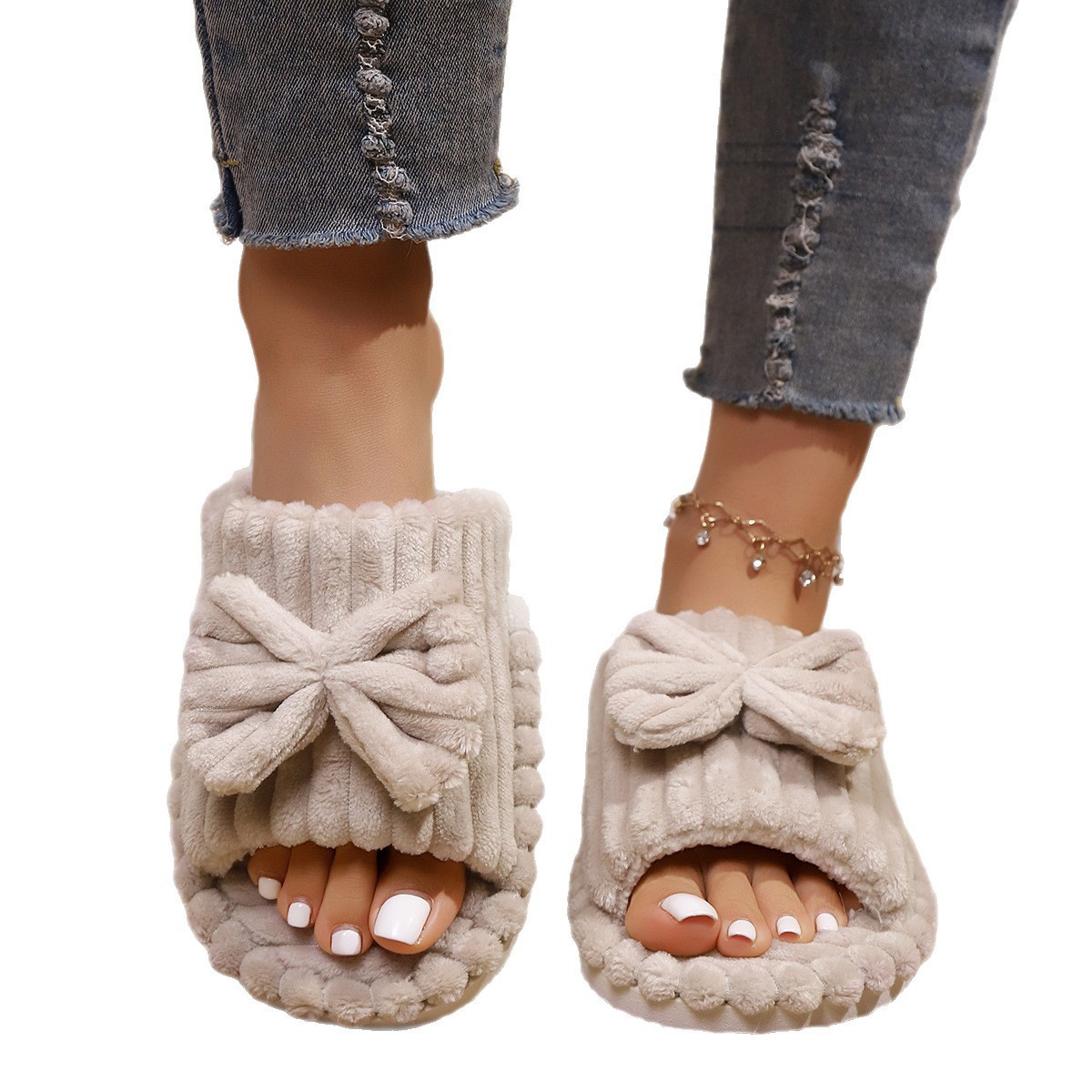Zapatillas transfronterizas de abertura de lana para mujeres otoño y invierno para usar cómodas zapatos de algodón peludo en interiores