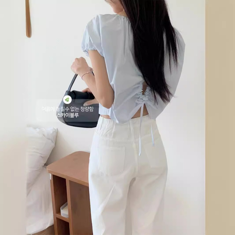 South Korea Chic Summer French Style Design Two-Wearing Hollow Back Pleated Lace-Up All-Match Short Short Short-Sleeved Shirt Top