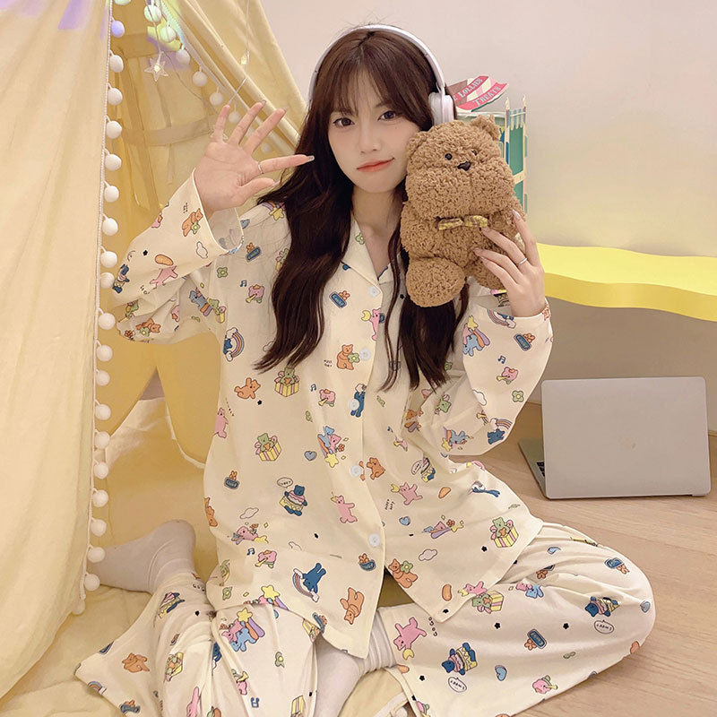 Long-Sleeved Pajamas for Women in Autumn, Ins-Style Cartoon Cute Bear, Imitation Cotton, Thin Style, Popular Style, Autumn Home Wear Set