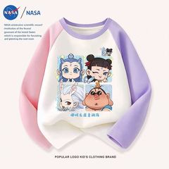 NASA洋气新款卡通哪吒圆领春秋纯棉儿童装上衣女童拼接长袖T恤