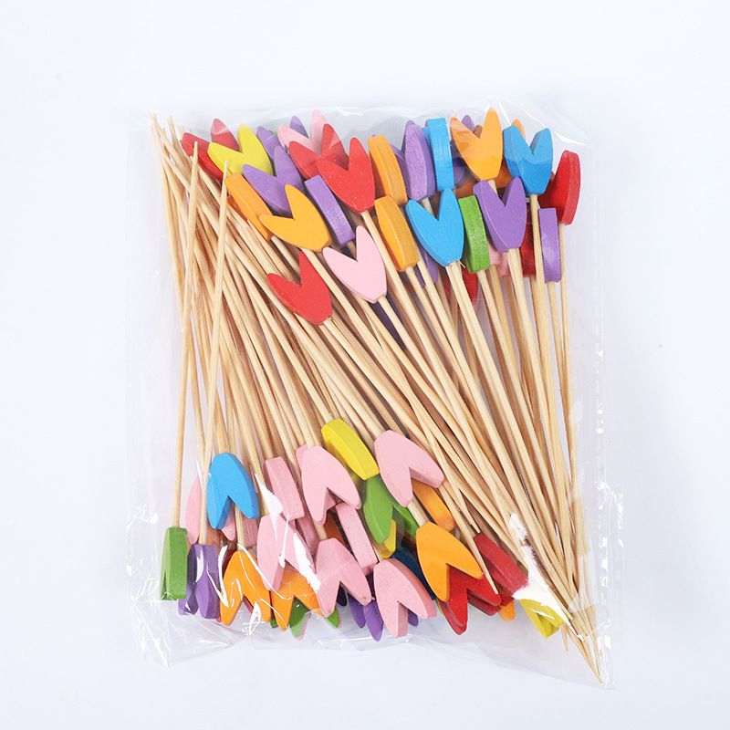 100 piezas/paquete de palos de cóctel, líneas de colores, personalidad creativa, palos de bambú tallados en troncos, palos de frutas desechables